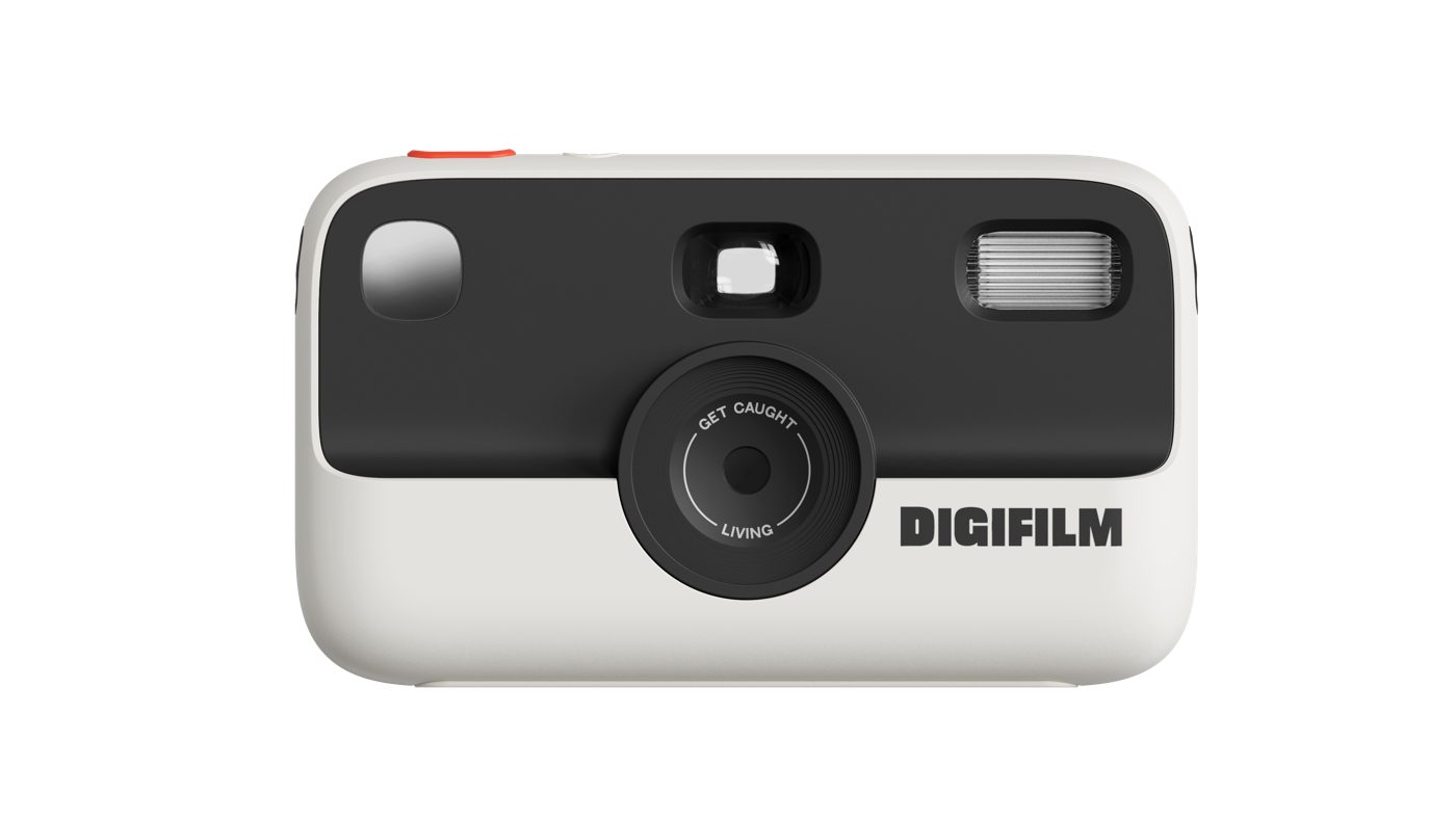 DigiFilm camera, off-white and black front view